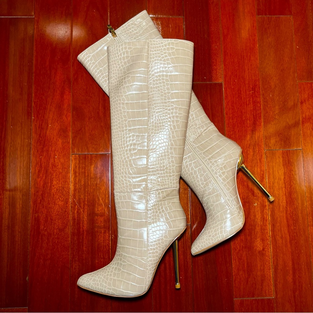 Nude Faux Croc Leather Stiletto Knee Boots